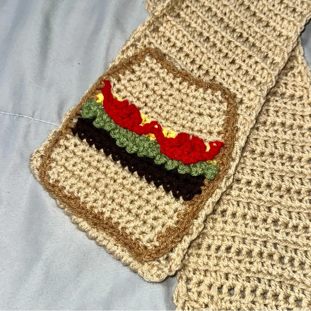 Handmade Crochet Cheeseburger Scarf Burger Pockets Unique Funny Novelty Gift